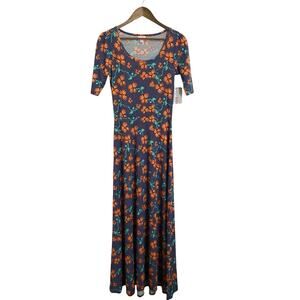 Lula Roe Dress Womens S Blue White Orange Green Dots Floral Long Maxi Stretch